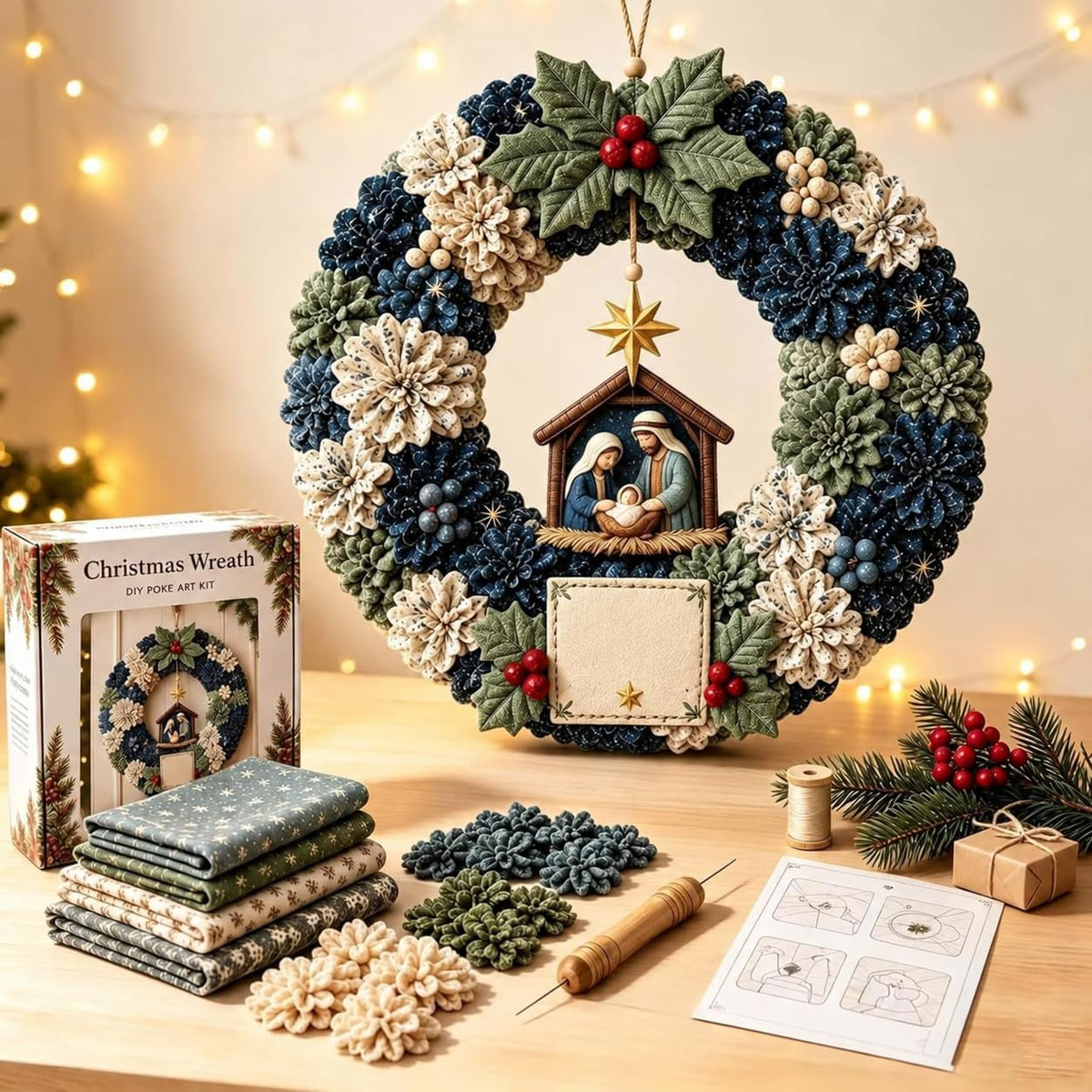 Christmas Wreath Making Kit for Adults, 3D Fabric Poke Art Kit, No-Sew Beginner Craft Project, Handmade Hanging Decoration for Front Door, Wall & Home