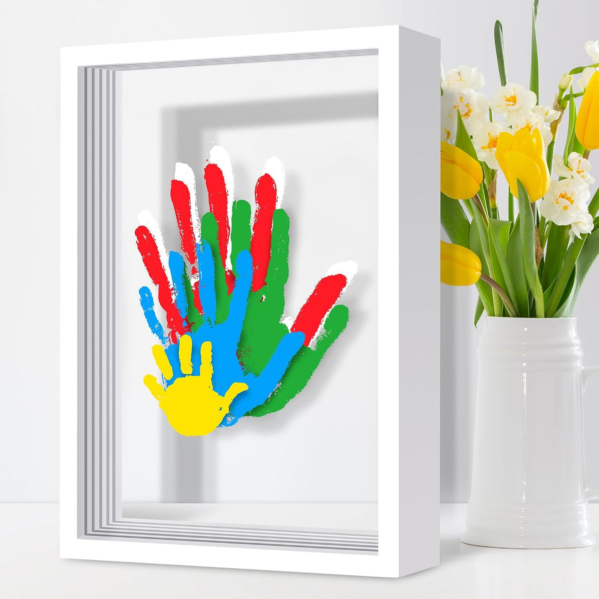 DIY Family Handprint Keepsake Frame Kit for 4, Layered Handprint & Pet Paw Print Memory Frame with 6 Non-Toxic Paints, Thanksgiving Christmas Mother’s Day Father’s Day & Anniversary Gift