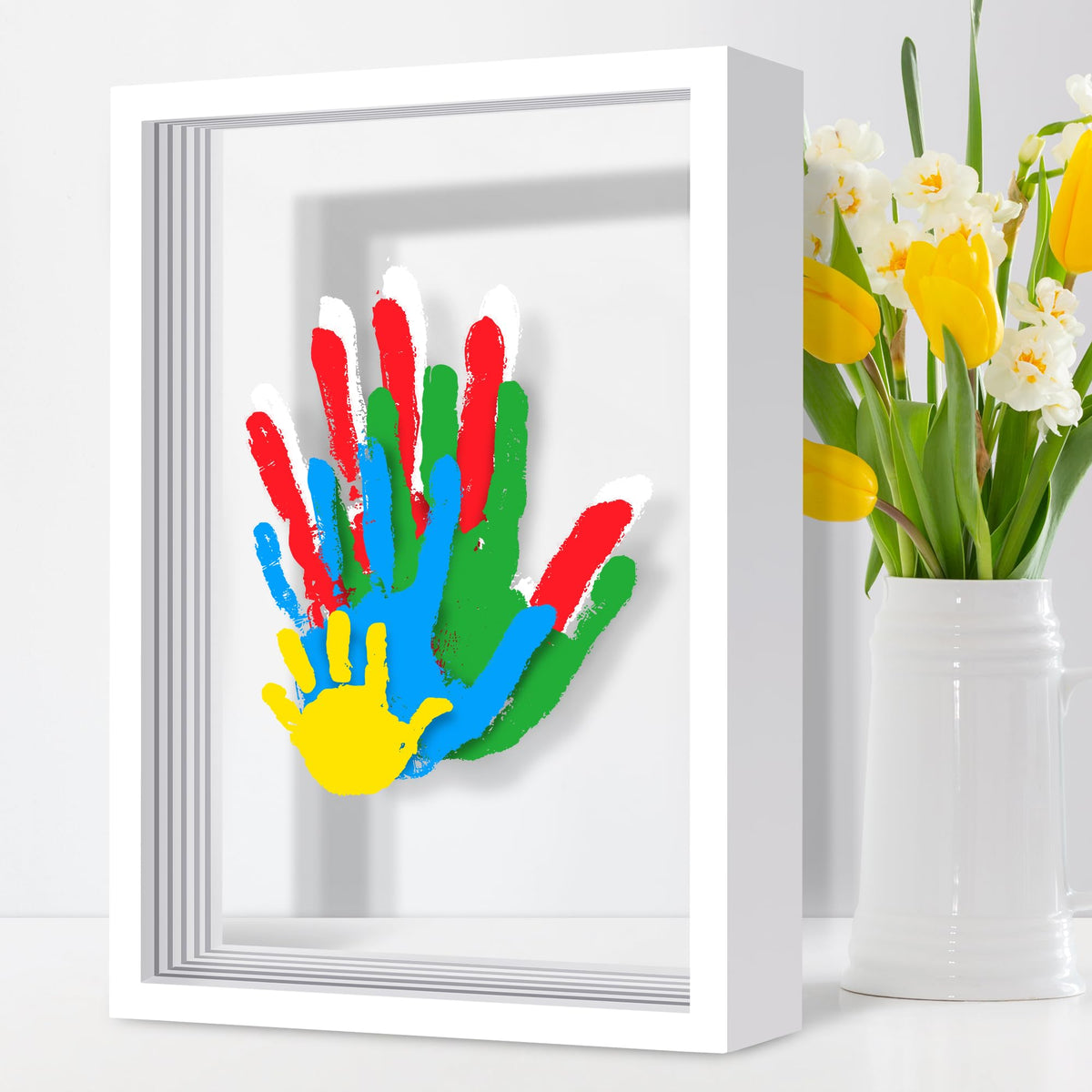 DIY Family Handprint Keepsake Frame Kit for 4, Layered Handprint & Pet Paw Print Memory Frame with 6 Non-Toxic Paints, Thanksgiving Christmas Mother’s Day Father’s Day & Anniversary Gift