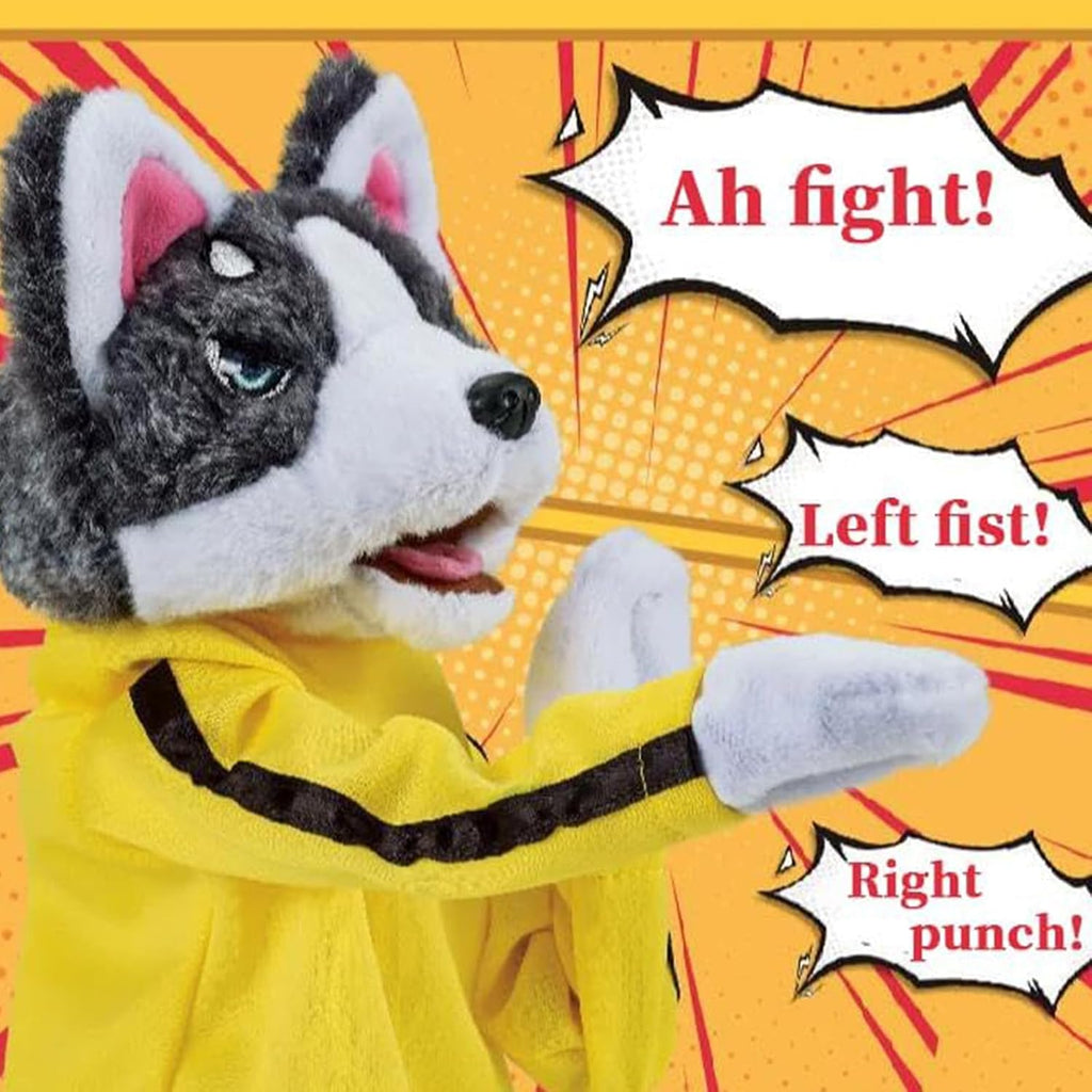 Kung Fu Husky Hand Puppet, Interactive Plush Boxing Dog Toy with Punching Action and Sound Effects, Funny Gift for Kids