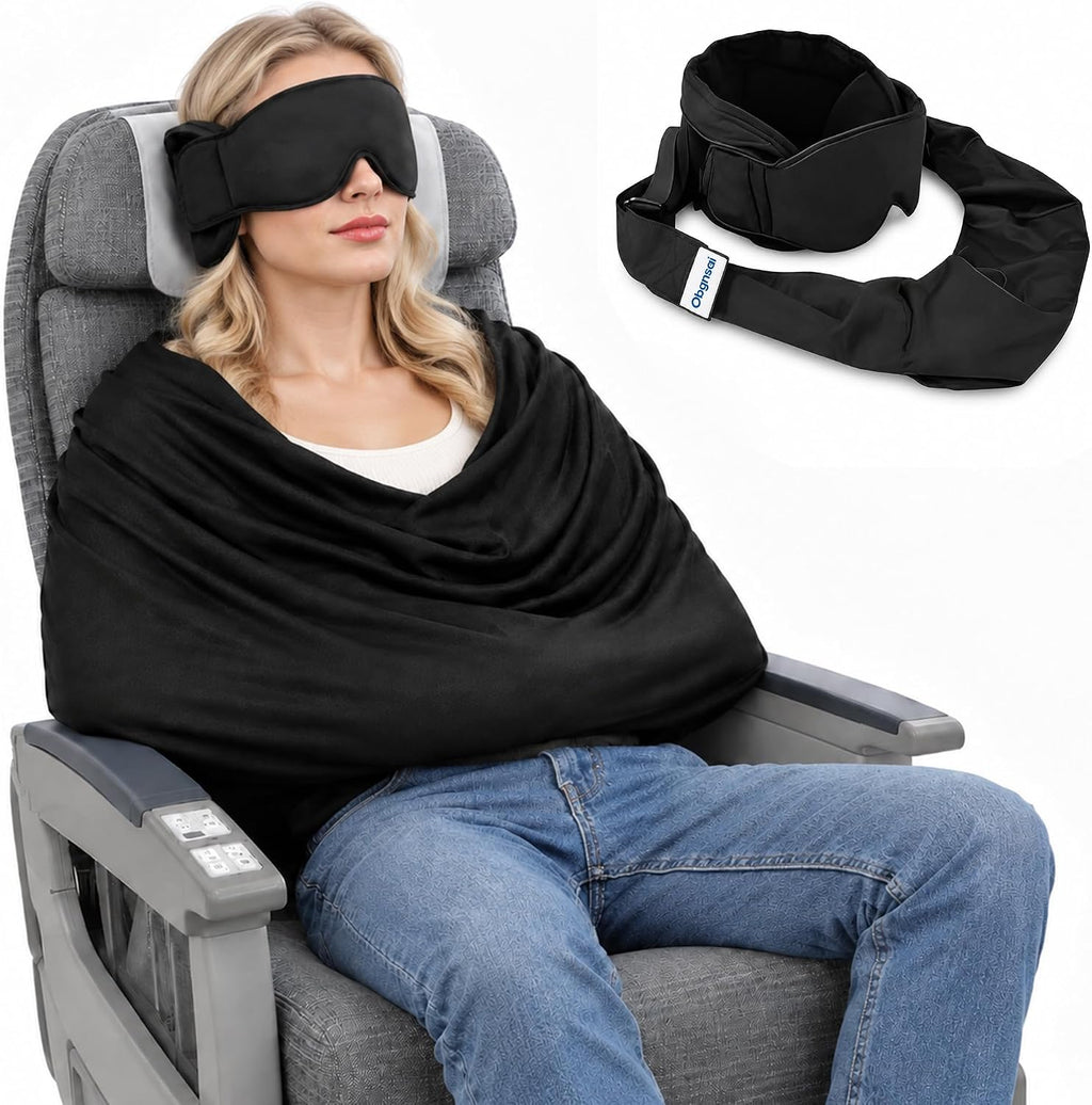 Travel Pillow with Eye Mask, 3-in-1 Airplane Sleep Support Travel Essentials for Comfort, Portable Sleep System with Neck Support Head Strap, Sleeper Hold for Flight Car Train