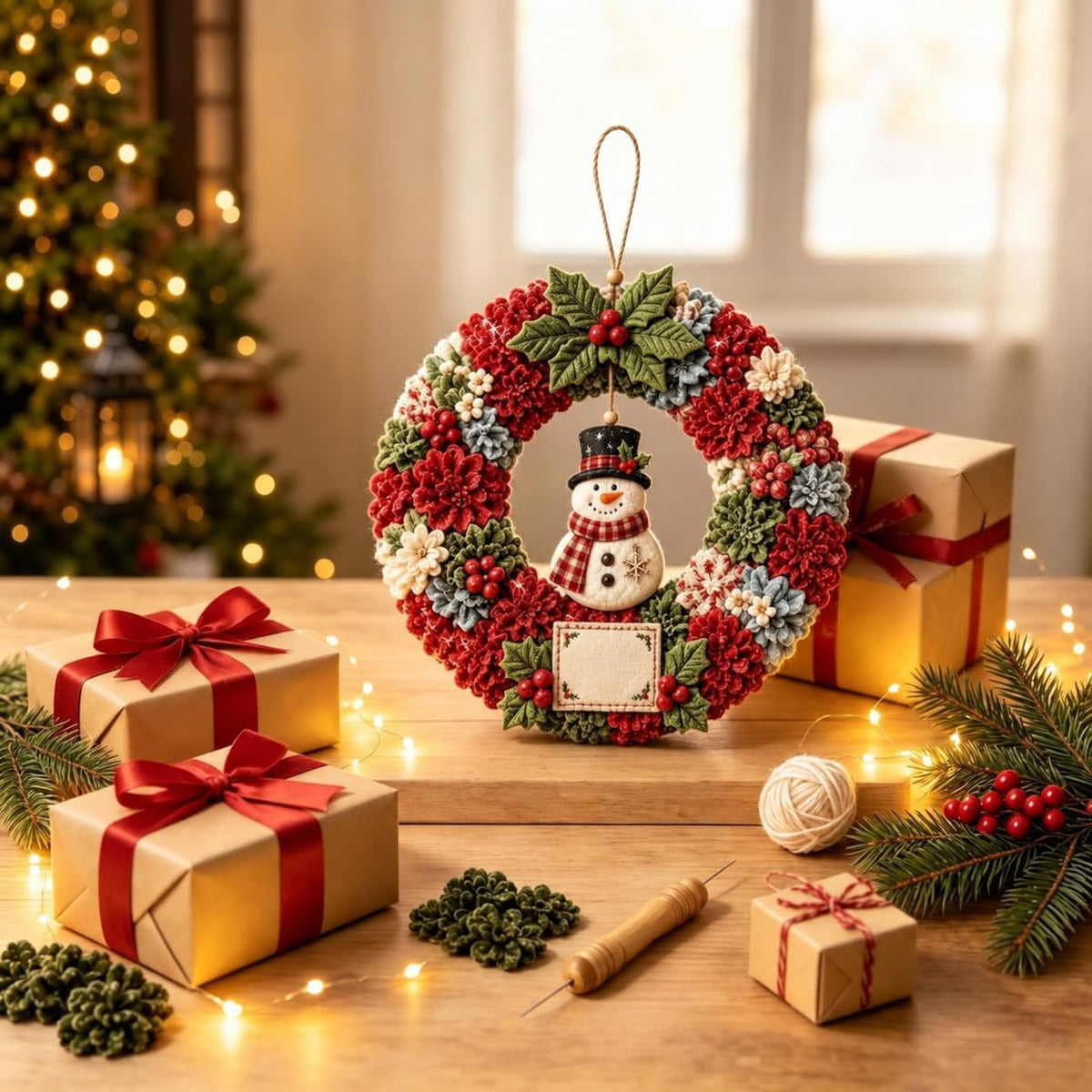 Christmas Wreath Making Kit for Adults, 3D Fabric Poke Art Kit, No-Sew Beginner Craft Project, Handmade Hanging Decoration for Front Door, Wall & Home