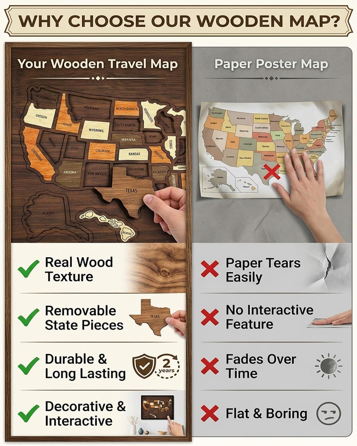 Wooden USA Travel Map Puzzle, A Stylish Way to Track Your Journey & Memories, Journey Tracker Maps Pin Board for Traveling, Removable USA Maps Puzzles for Traveling, Couple Family Art Home (1pc)