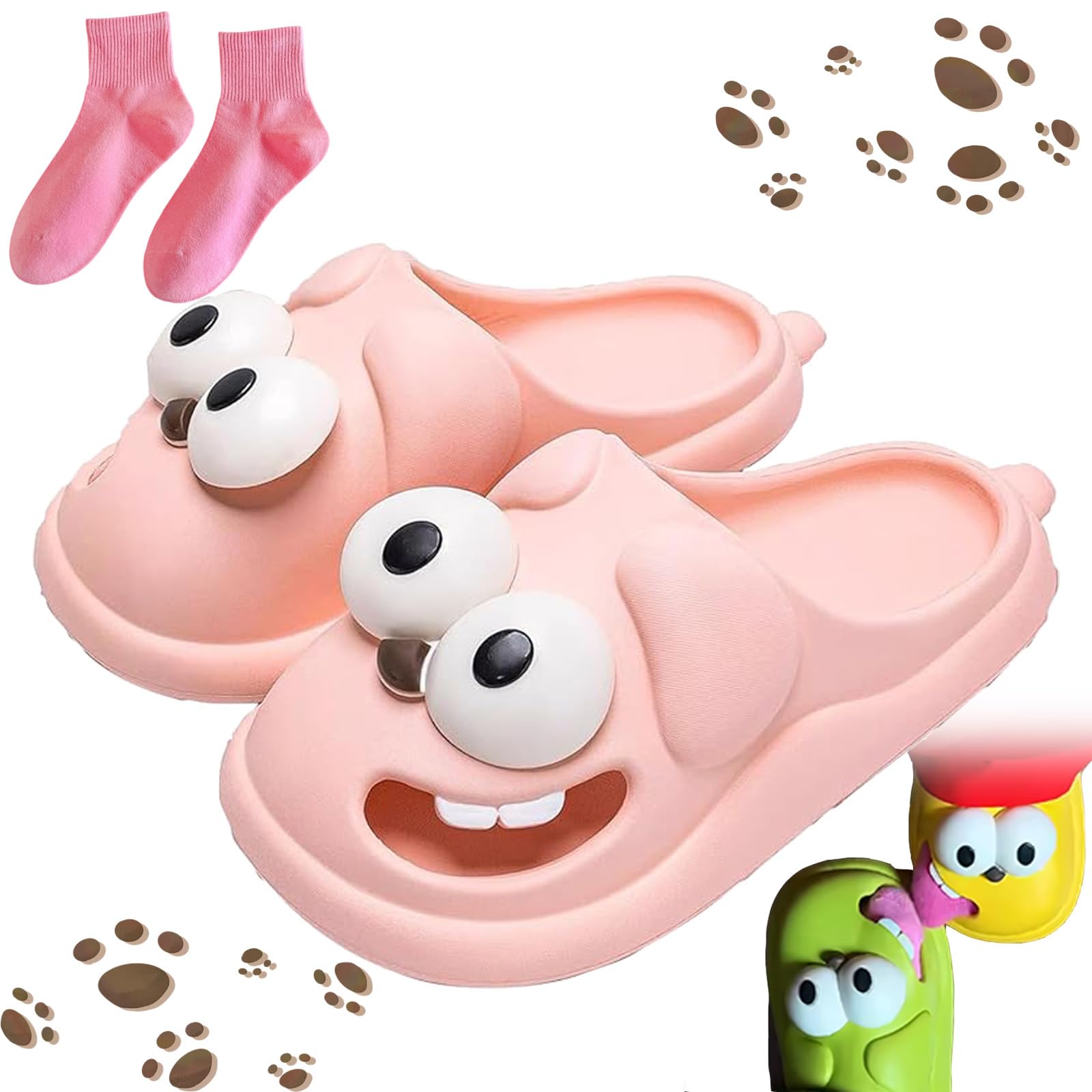 Kissing Slippers for Couples – Funny 3D Big Eye Dog Tongue Kiss Slides, Cute Cartoon House Shoes, Indoor Slippers for Women Men Non-Slip