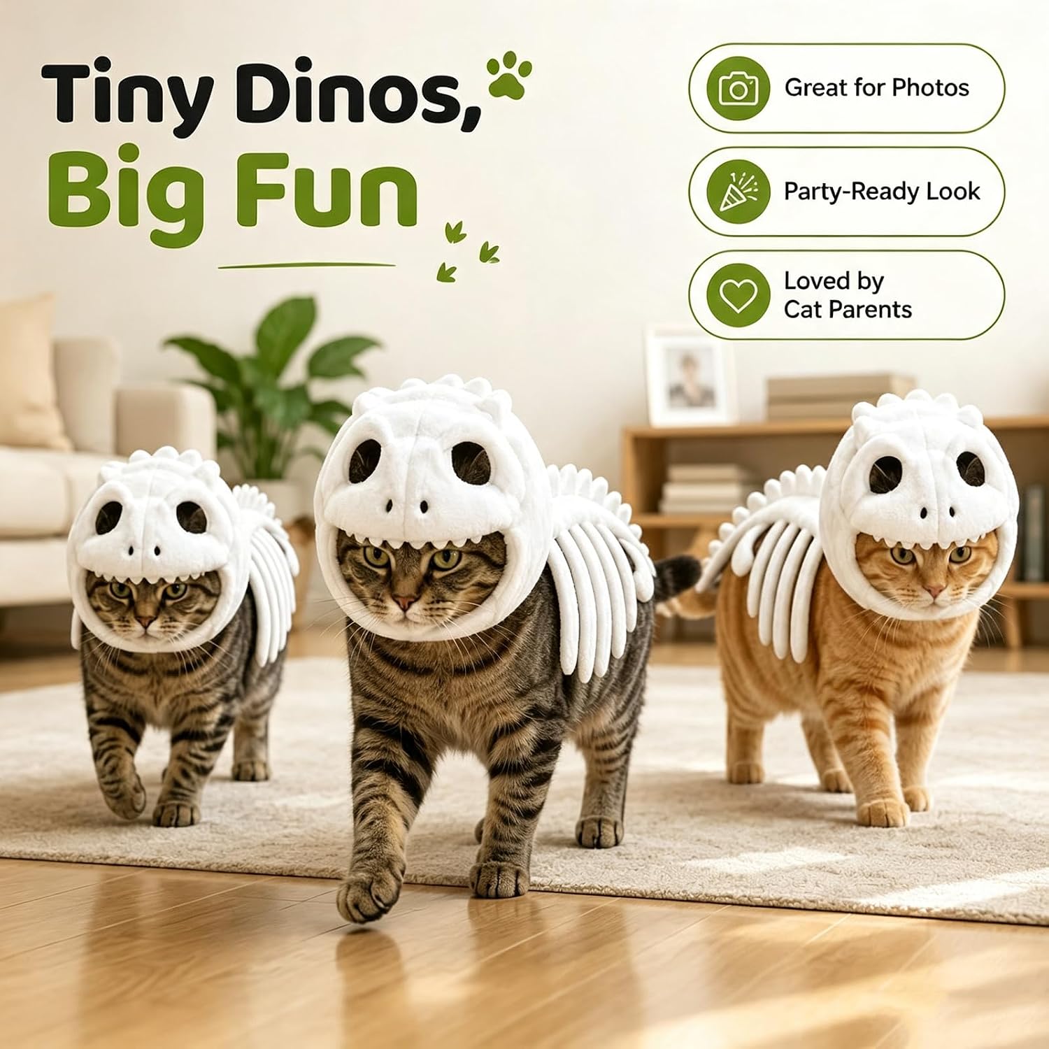 Dinosaur Skeleton Glow in Dark Cat Costume, Plush Halloween Pet Hood Outfit (S)
