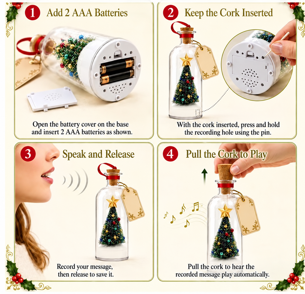 Recordable Christmas Message in a Bottle – Glass Holiday Keepsake with Mini Tree, Rose or Snowman