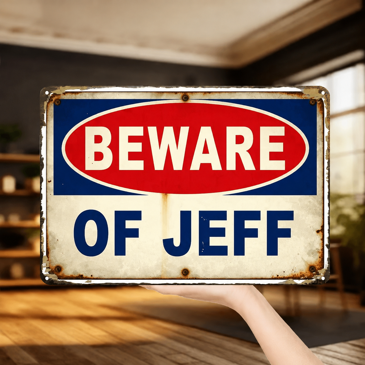 Personalized Beware of Jeff Aluminum Sign, 8 × 12 Inch Custom Name Vintage Metal Sign for Garage, Man Cave, Bar & Home Wall Decor