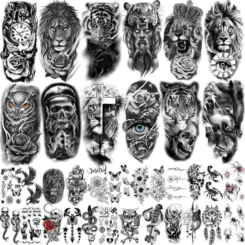 36 Sheets Realistic Temporary Tattoos - Large Half-Sleeve & Small Black Body Art