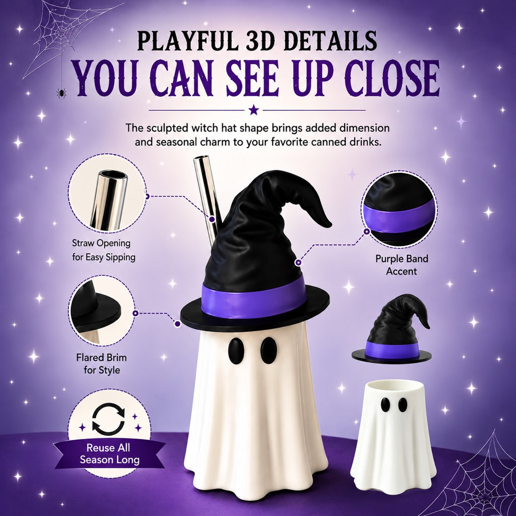 Halloween Witch Hat Ghost Can Holder with Straw Opening, Reusable 3D Beverage Can Cover, Standard or Tall Size, Spooky Drink Accessory for Parties, Desks & Movie Nights