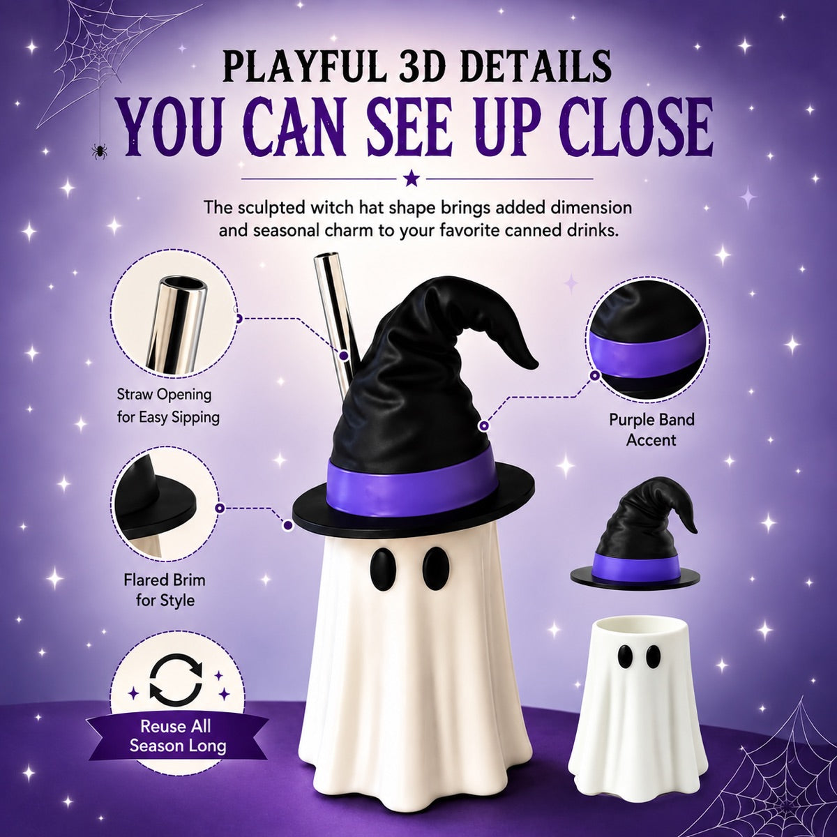 Halloween Witch Hat Ghost Can Holder with Straw Opening, Reusable 3D Beverage Can Cover, Standard or Tall Size, Spooky Drink Accessory for Parties, Desks & Movie Nights