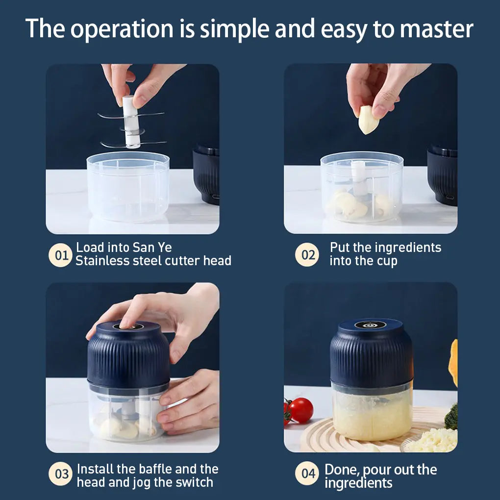 300ML Mini Electric Food Grinder with 4 Blades for Garlic, Chili, and Meat