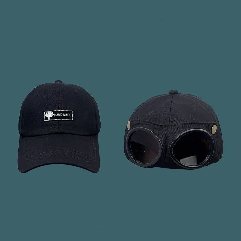 Retro Aviator Goggles Baseball Cap with Flip-Down Sunglasses, Regular & Cat Ear Styles