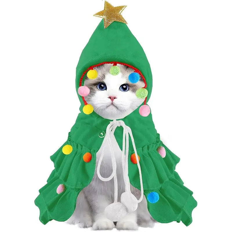Christmas Tree Pet Cloak Costume – Hooded Holiday Outfit for Cats & Small Dogs