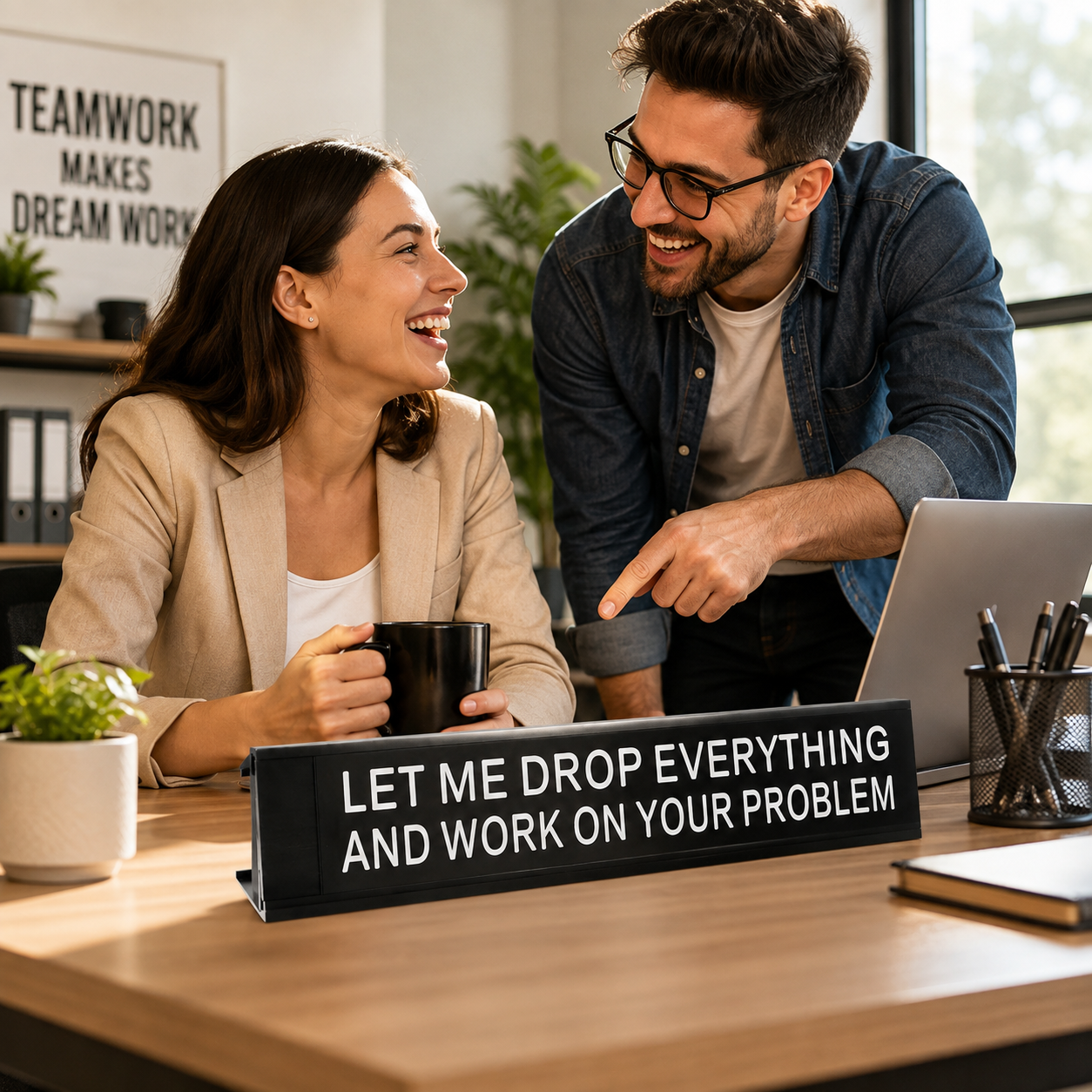 “LET ME DROP EVERYTHING AND WORK ON YOUR PROBLEM” Funny Desk Name Plate, Aluminum Office Desk Plaque, Coworker Prank Gift