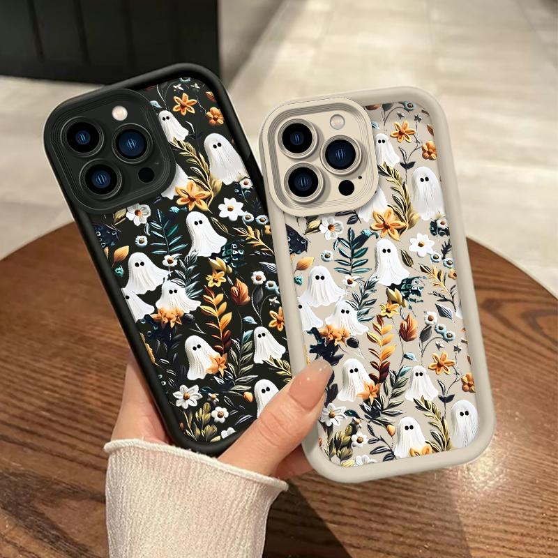 Halloween Cute Ghost Floral Phone Case for iPhone 17/16/15/14/13/12/11, Shockproof TPU Bumper with Durable Back Cover