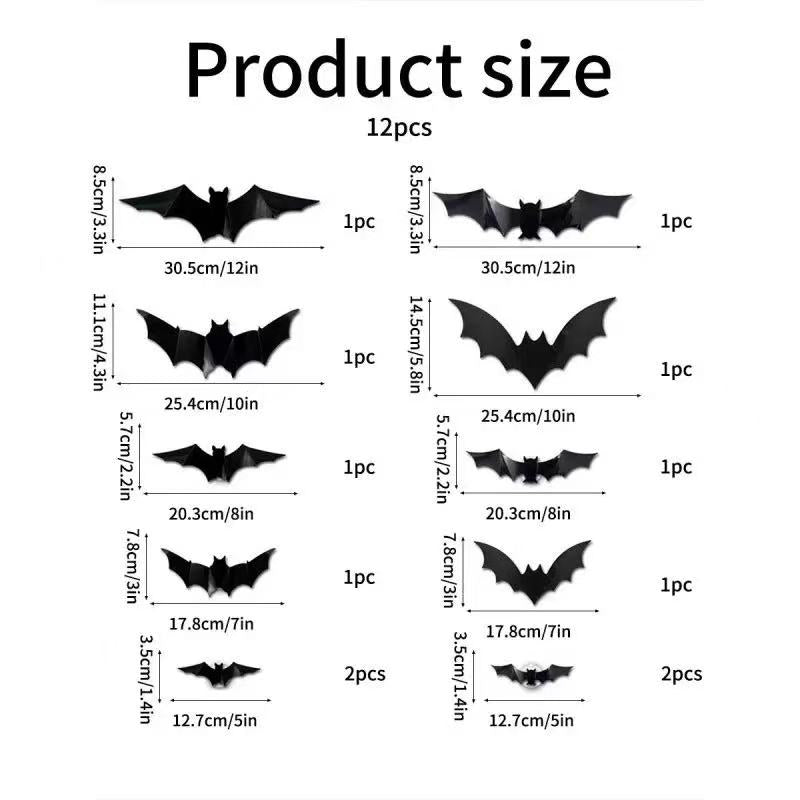 Pack of 12 LED Lights 3D Halloween Bat Decoration, Halloween Decoration Bat Wall Sticker with 10 Different Sizes, Horror Decorative Stickers, LED Bats Decoration for Indoor Halloween Party Accessories