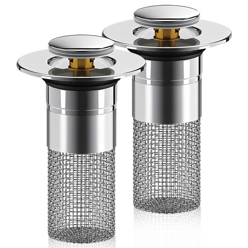 Sink Drain Filter with Stainless Steel Removable Basket, Pop-Up Drain Plug with Hair Collection Design, Bathroom Bathtub Drain Strainer for Preventing Blockages and Simplifying Maintenance