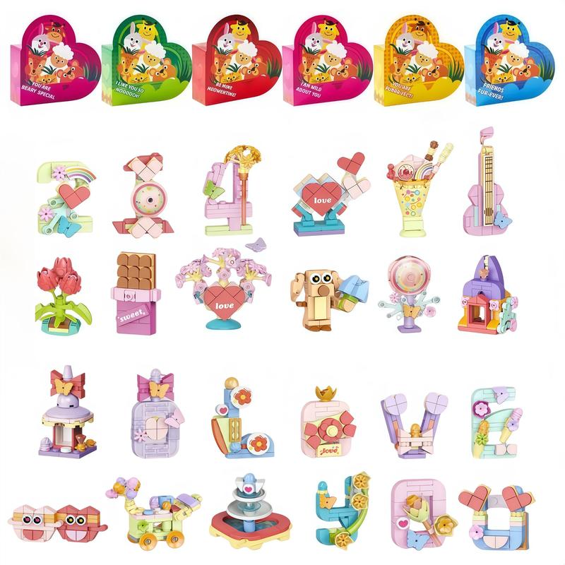 Animal Building Blocks Valentines Cards for Kids 2025 Valentine's Day Gifts 24Pcs & 26Pcs Heart-Shaped Boxes with Love Notes Creativity Imagination Playtime Wind-up toy