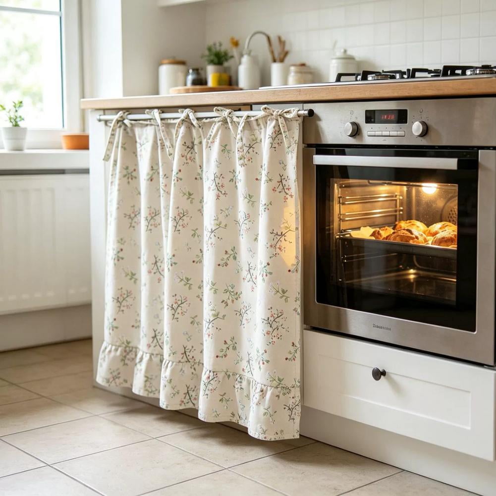 Cotton Linen Oven Skirt Curtain for Kitchen, Farmhouse Tie-Top Cabinet Curtain with Ruffles for Dishwasher, Sink & Stove Decor