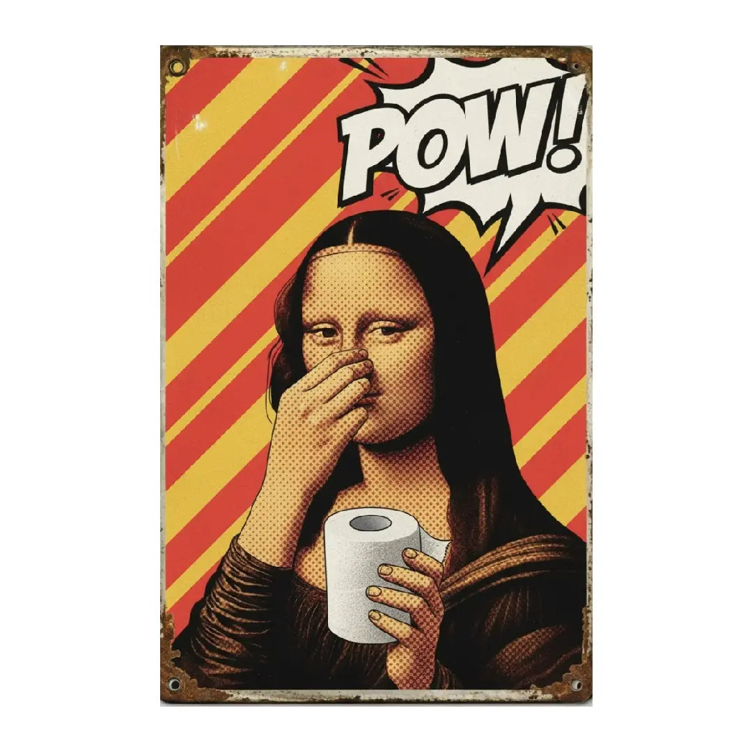 Funny Mona Lisa Metal Sign | Vintage Nose-Pinching Bathroom Decor (8x12")