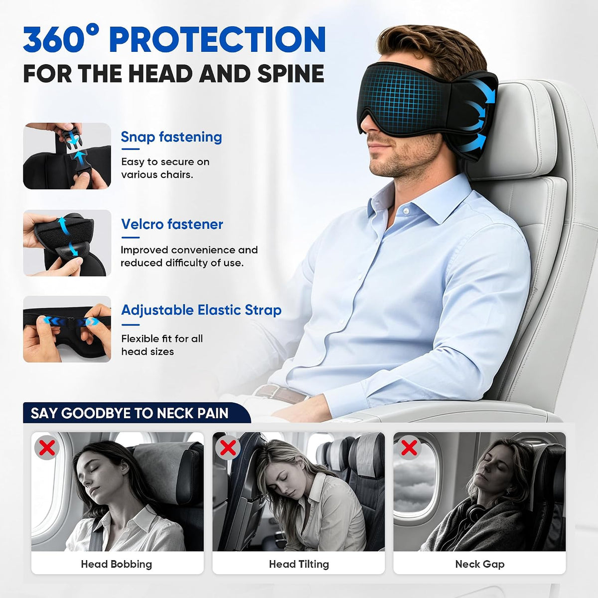 Travel Pillow with Eye Mask, 3-in-1 Airplane Sleep Support Travel Essentials for Comfort, Portable Sleep System with Neck Support Head Strap, Sleeper Hold for Flight Car Train