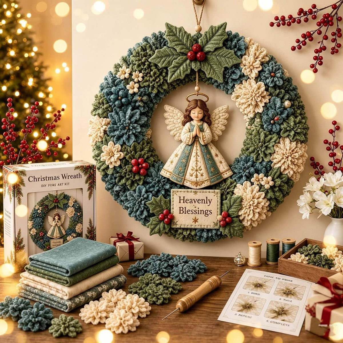 Christmas Wreath Making Kit for Adults, 3D Fabric Poke Art Kit, No-Sew Beginner Craft Project, Handmade Hanging Decoration for Front Door, Wall & Home