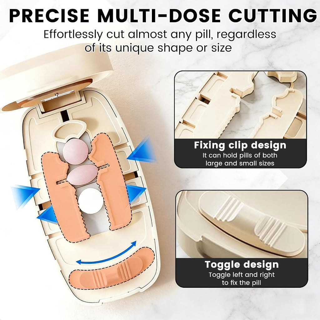 2026 Adjustable Pill Cutter with Storage Case, 1/2 1/3 1/4 Tablet Splitter with V-Shaped Centering Guide, Stainless Steel Blade, Portable Medication Organizer for Home, Office & Travel