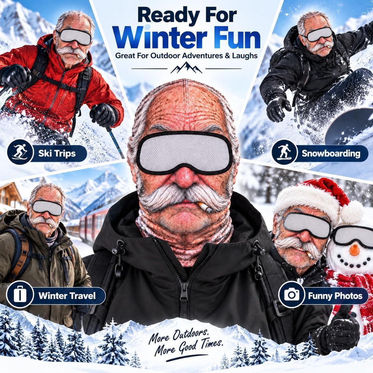 Funny Old Man Winter Face Mask, 3D Realistic Balaclava with Stretch Fit for Skiing, Snowboarding, Outdoor Cold Weather, Parties & Funny Photos
