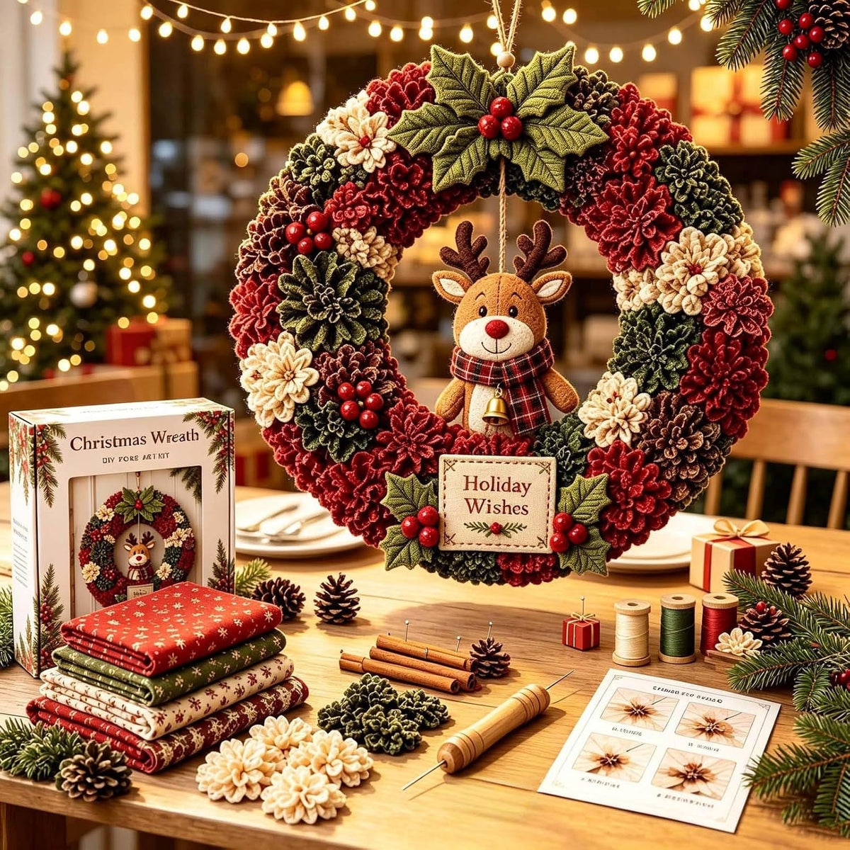 Christmas Wreath Making Kit for Adults, 3D Fabric Poke Art Kit, No-Sew Beginner Craft Project, Handmade Hanging Decoration for Front Door, Wall & Home