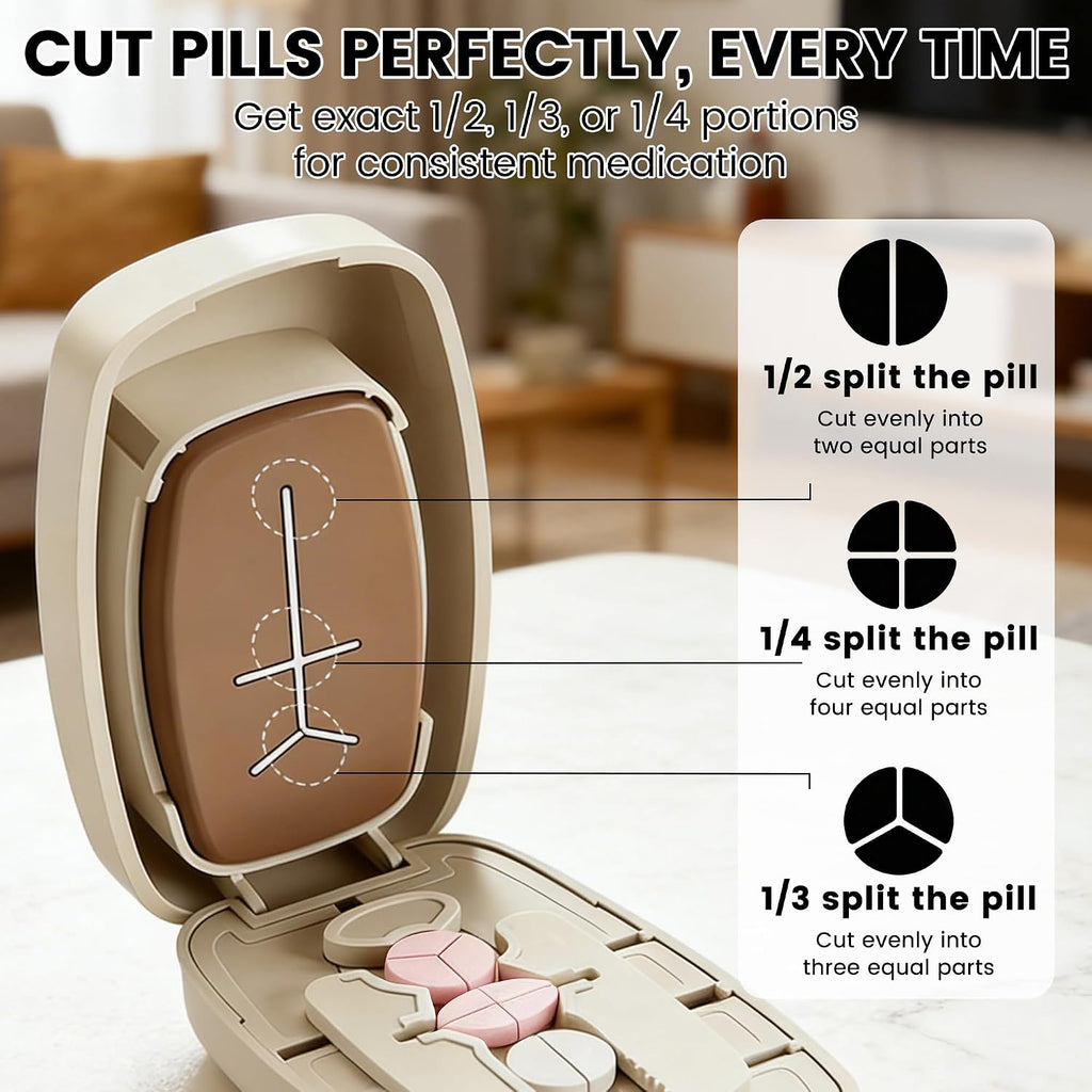 2026 Adjustable Pill Cutter with Storage Case, 1/2 1/3 1/4 Tablet Splitter with V-Shaped Centering Guide, Stainless Steel Blade, Portable Medication Organizer for Home, Office & Travel