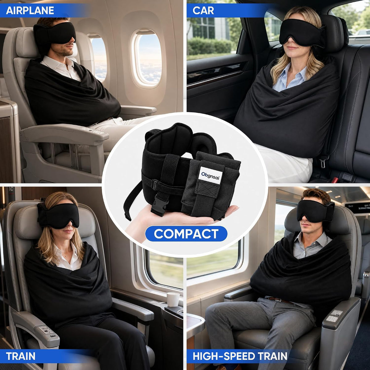 Travel Pillow with Eye Mask, 3-in-1 Airplane Sleep Support Travel Essentials for Comfort, Portable Sleep System with Neck Support Head Strap, Sleeper Hold for Flight Car Train