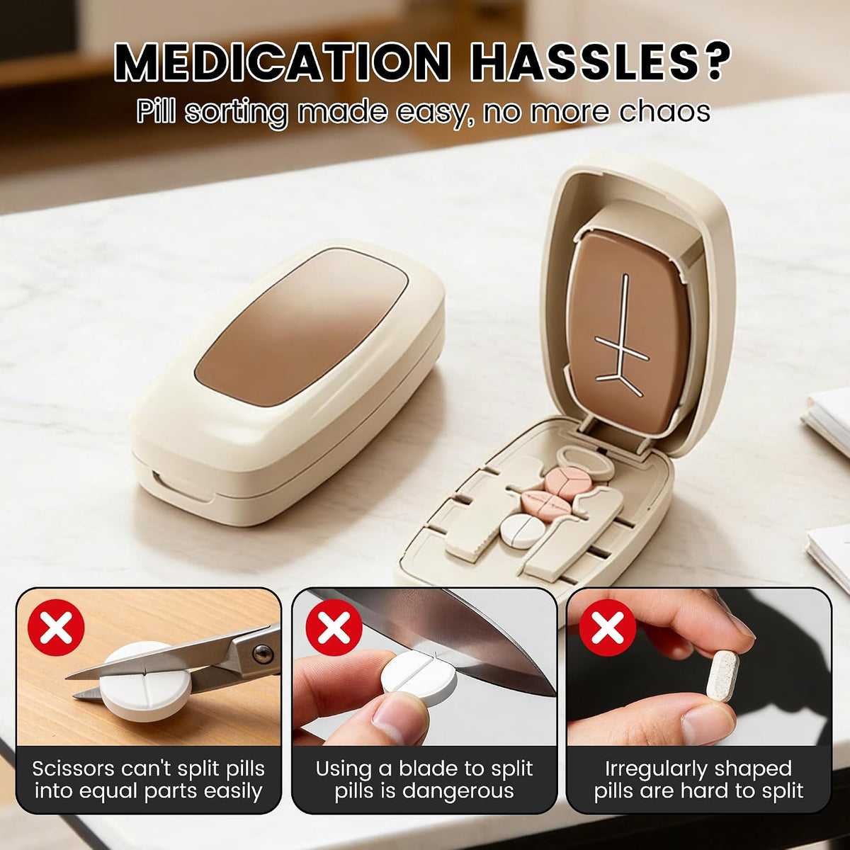2026 Adjustable Pill Cutter with Storage Case, 1/2 1/3 1/4 Tablet Splitter with V-Shaped Centering Guide, Stainless Steel Blade, Portable Medication Organizer for Home, Office & Travel