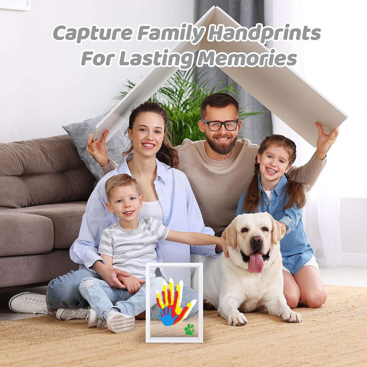 DIY Family Handprint Keepsake Frame Kit for 4, Layered Handprint & Pet Paw Print Memory Frame with 6 Non-Toxic Paints, Thanksgiving Christmas Mother’s Day Father’s Day & Anniversary Gift
