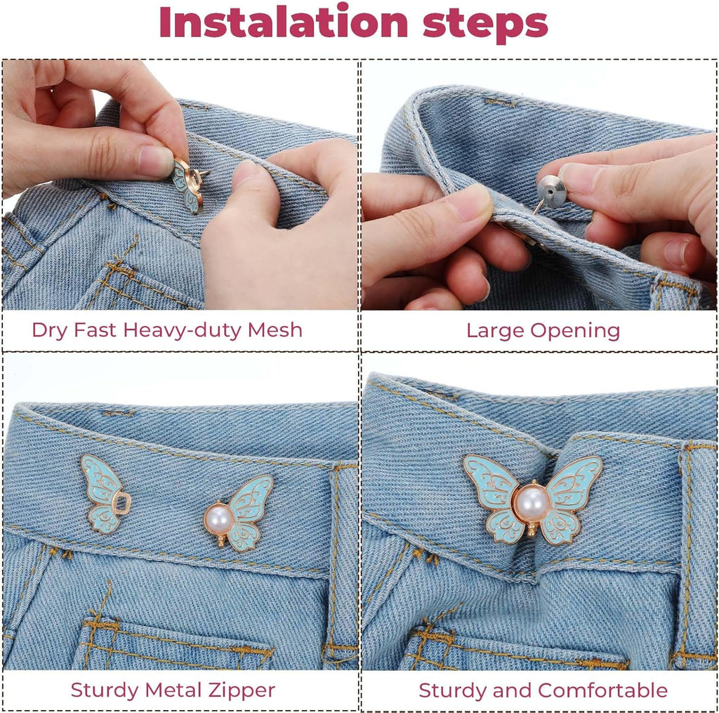 8 Sets Butterfly Pant Waist Tightener for Women, Adjustable Jean Buttons for Loose Jeans, Decorative Detachable Pants Clips to Tighten Waist, No Sew and No Tools Required