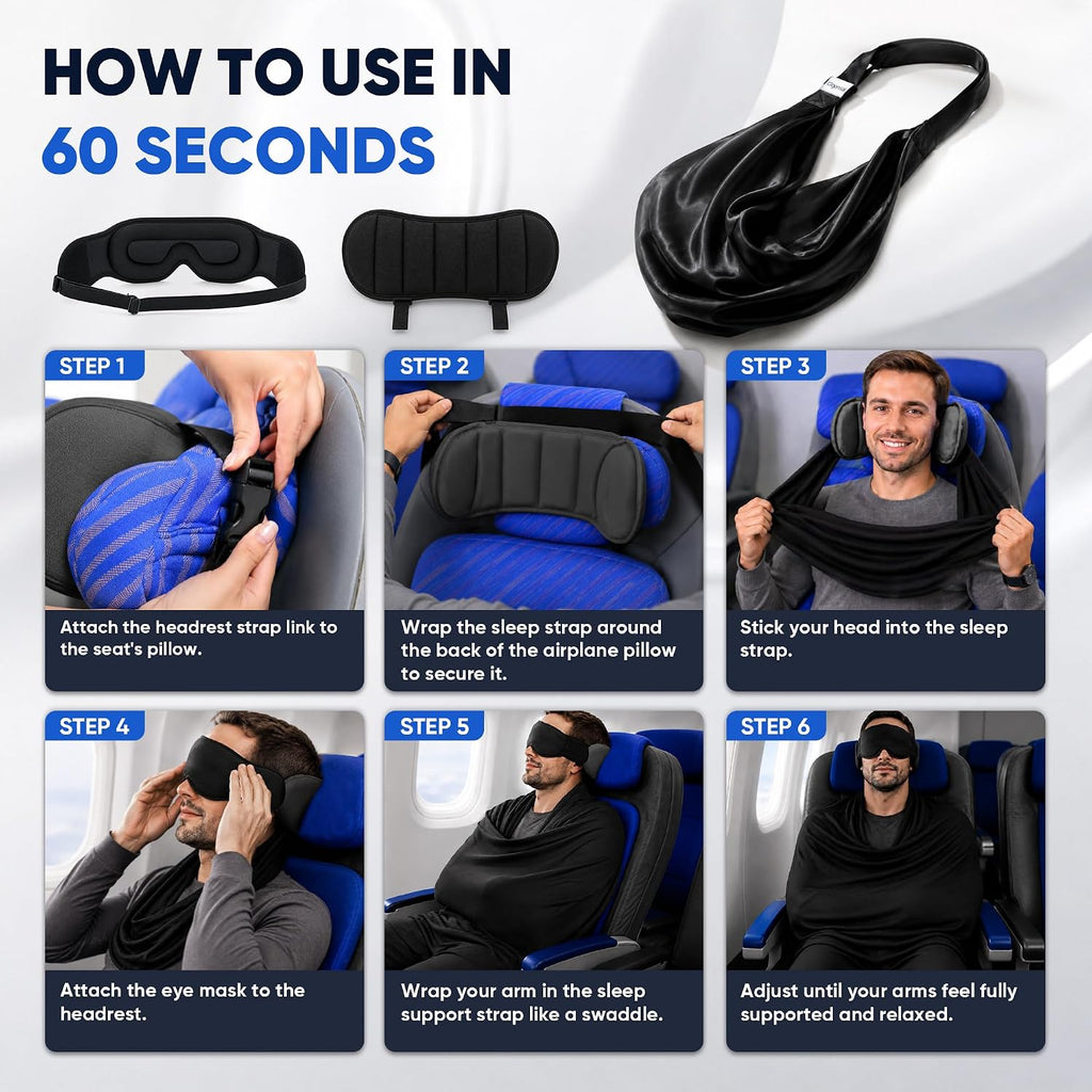 Travel Pillow with Eye Mask, 3-in-1 Airplane Sleep Support Travel Essentials for Comfort, Portable Sleep System with Neck Support Head Strap, Sleeper Hold for Flight Car Train