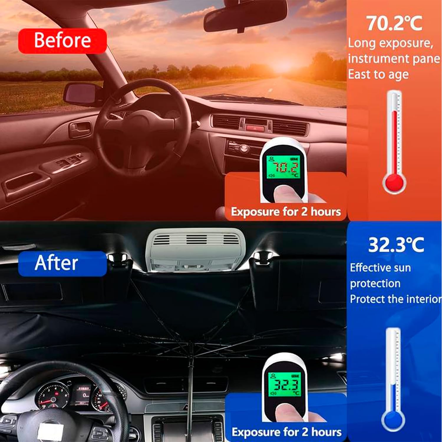 Car Front Sun Umbrella, Folding Front Car Sun Umbrella, Interior Sunshade, Car Sunscreen, Design V in Rearview