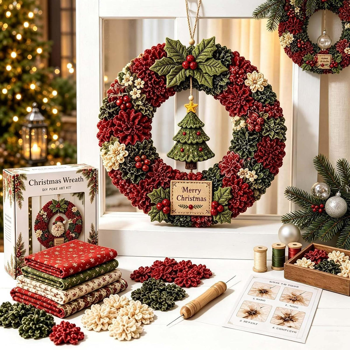 Christmas Wreath Making Kit for Adults, 3D Fabric Poke Art Kit, No-Sew Beginner Craft Project, Handmade Hanging Decoration for Front Door, Wall & Home