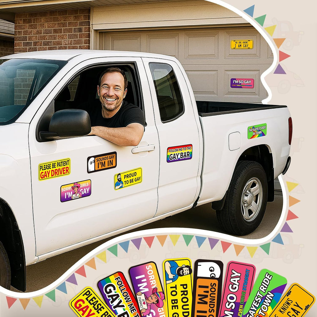 8-Pack Funny Gay Pride Car Magnets, 8 x 3.1 Inch LGBTQ+ Magnetic Bumper Signs for Cars, Trucks & Refrigerators, Reusable Prank Magnets