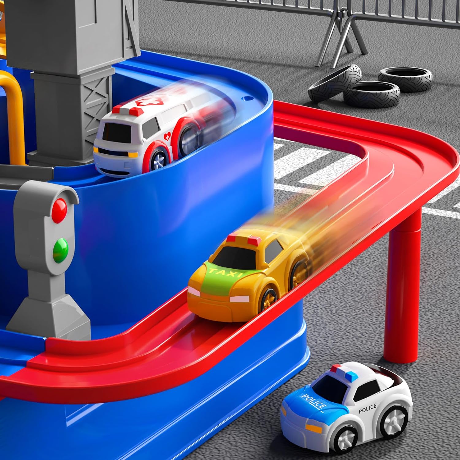 Car Race Track Toy for Kids Ages 3+, Interactive City Track Set with 4 Random Mini Cars, Educational Birthday Gift for Toddlers