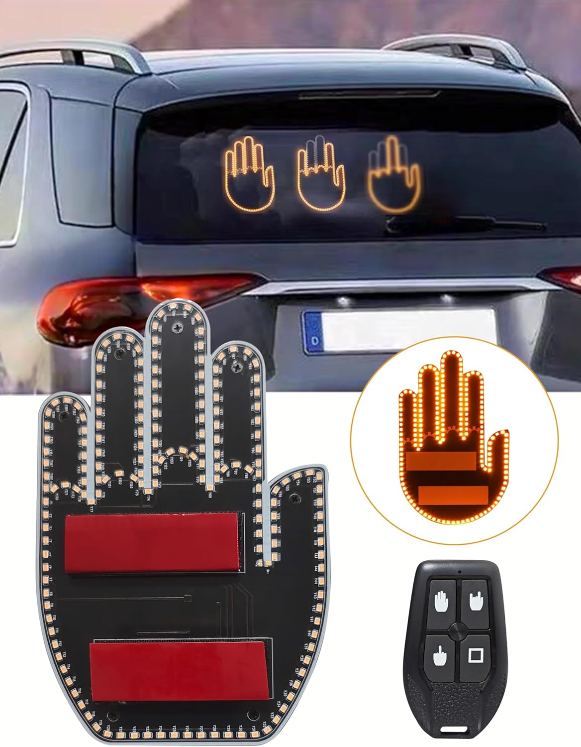 Car Finger Light with Remote, Hand Gesture Amber LED Light - 14 Modes for Road Rage Warning Signs Ideal Car Accessory