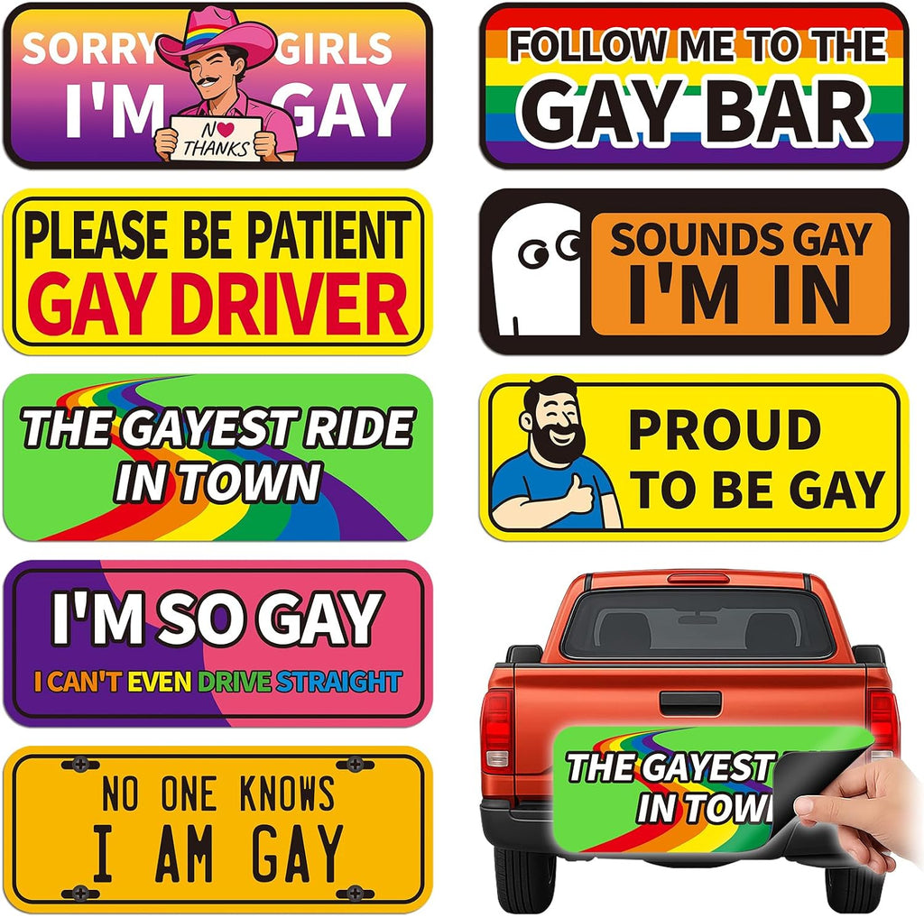 8-Pack Funny Gay Pride Car Magnets, 8 x 3.1 Inch LGBTQ+ Magnetic Bumper Signs for Cars, Trucks & Refrigerators, Reusable Prank Magnets