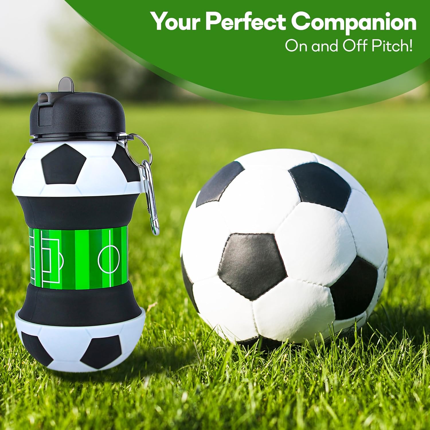Collapsible Water Bottle 19Oz/550ml BPA Free Sports Water Bottle for Kids Gift Folding Water Bottle for Hiking, GYM, School & Sports | Collapsible Cups for Traveling Gift Idea (Soccer)