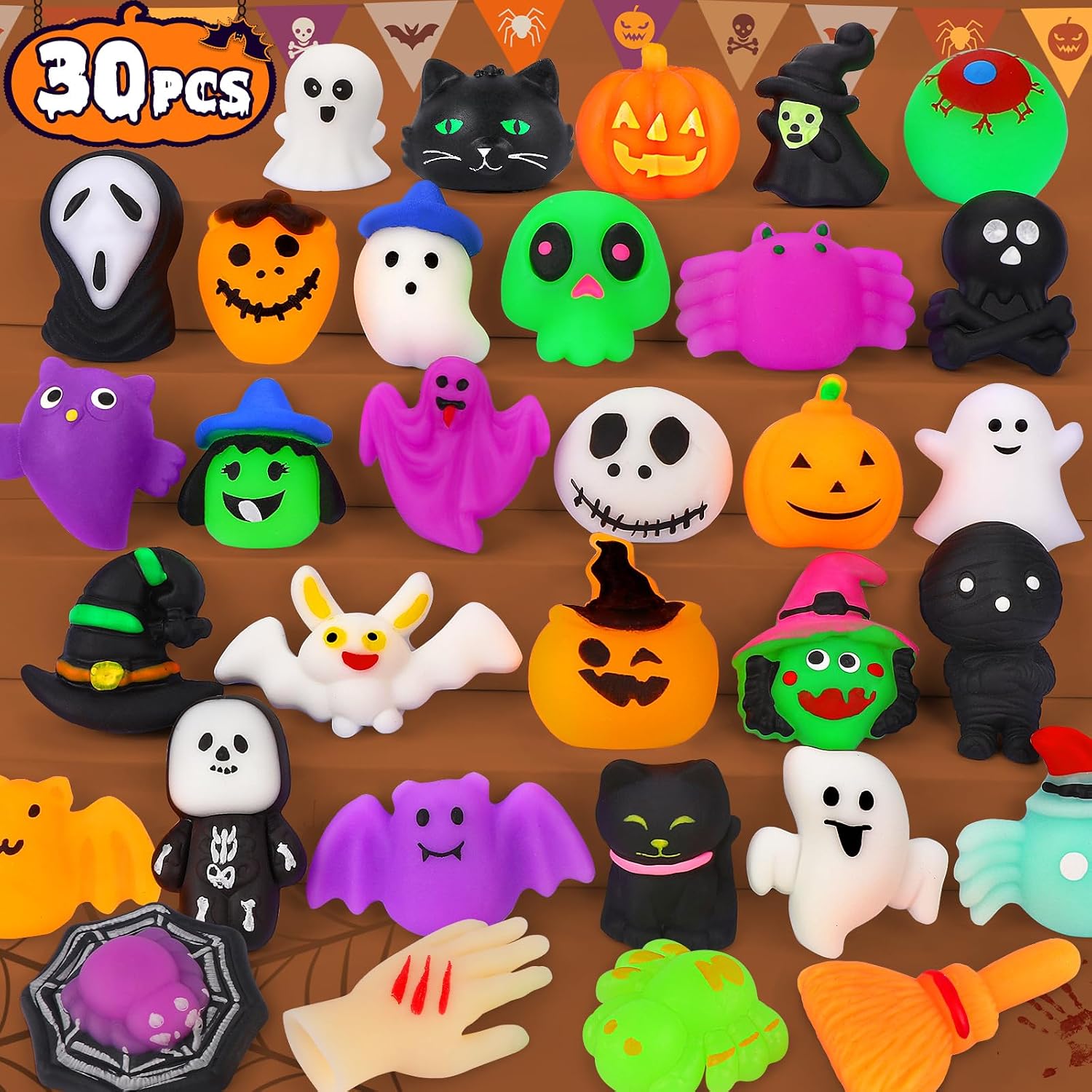 30PCS Halloween Mochi Squishy Toys, Mini Party Favors for Kids, Non-Candy Trick-or-Treat Goodie Bag Fillers