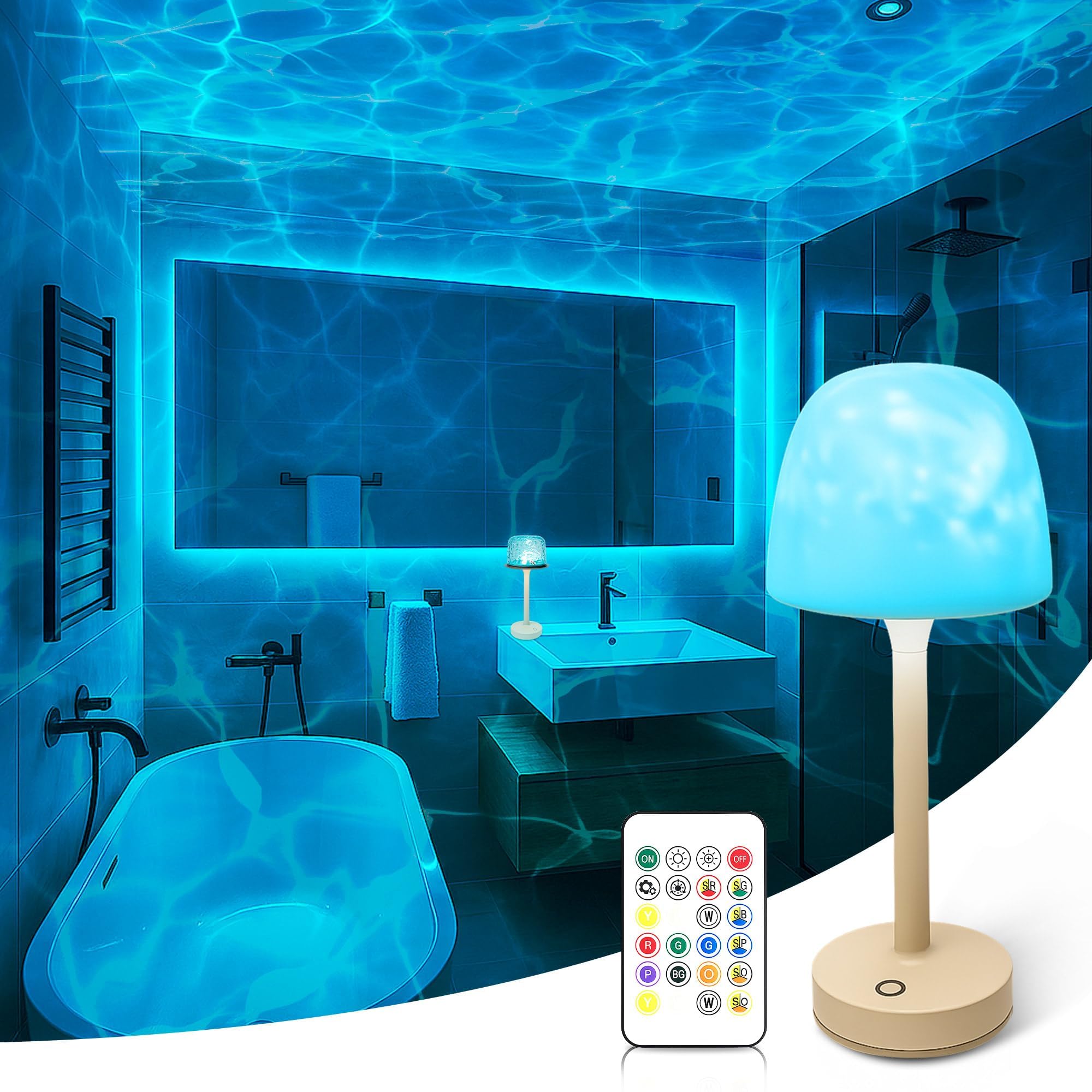 Waterproof Shower Lamp for Inside Shower, Rechargeable Bathroom Lamp with Remote & Touch Control, Cordless Shower Light with 16 Color Changeable, LED Ocean Wave Projector Light for Bathroom/Bathtub