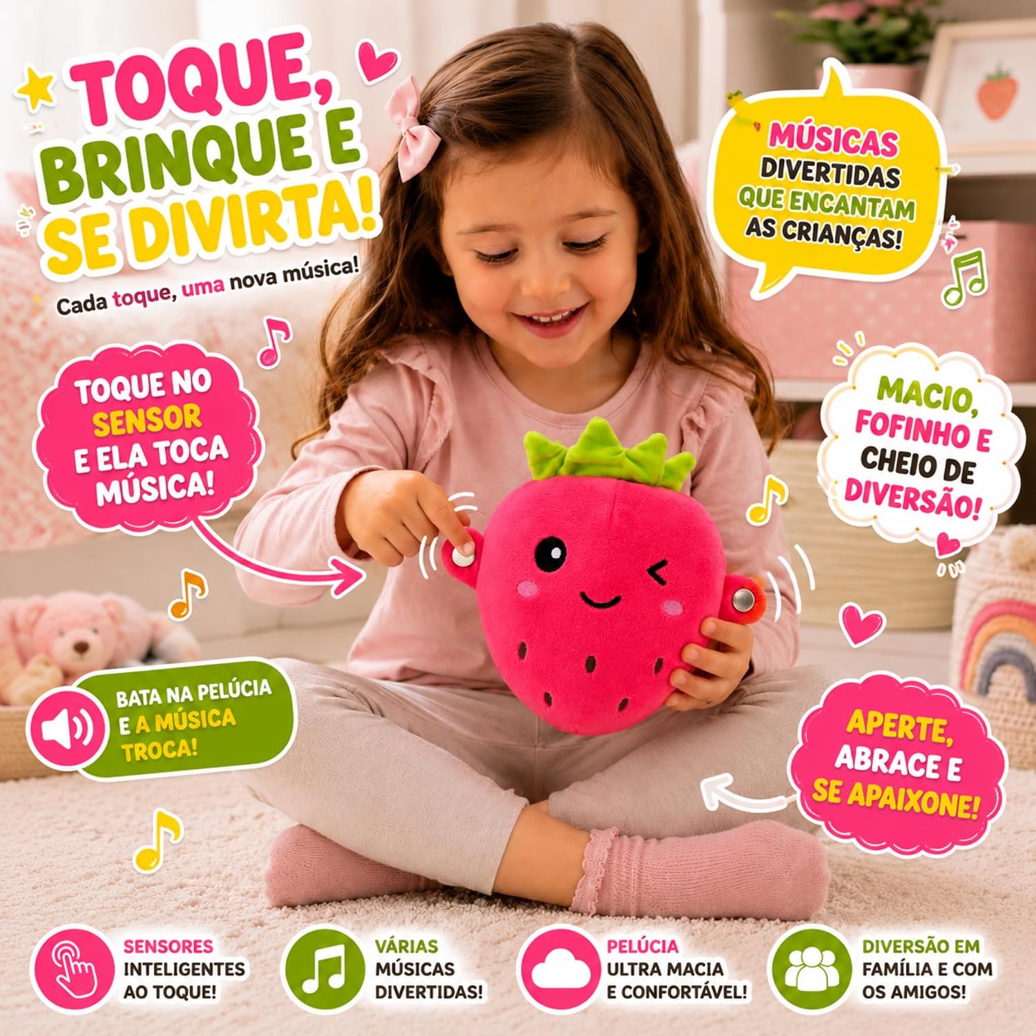 Interactive Sensory Musical Plush Toy for Kids – Banana/Strawberry/Carrot Style with Touch Sensors, Human Contact Sensor, and Sound