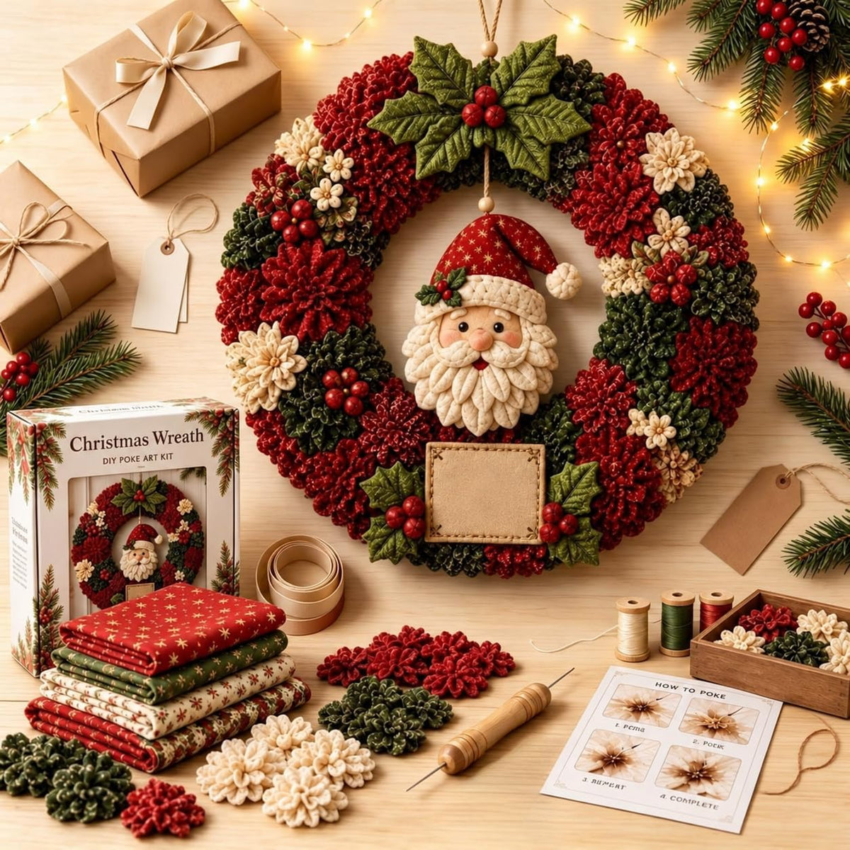 Christmas Wreath Making Kit for Adults, 3D Fabric Poke Art Kit, No-Sew Beginner Craft Project, Handmade Hanging Decoration for Front Door, Wall & Home