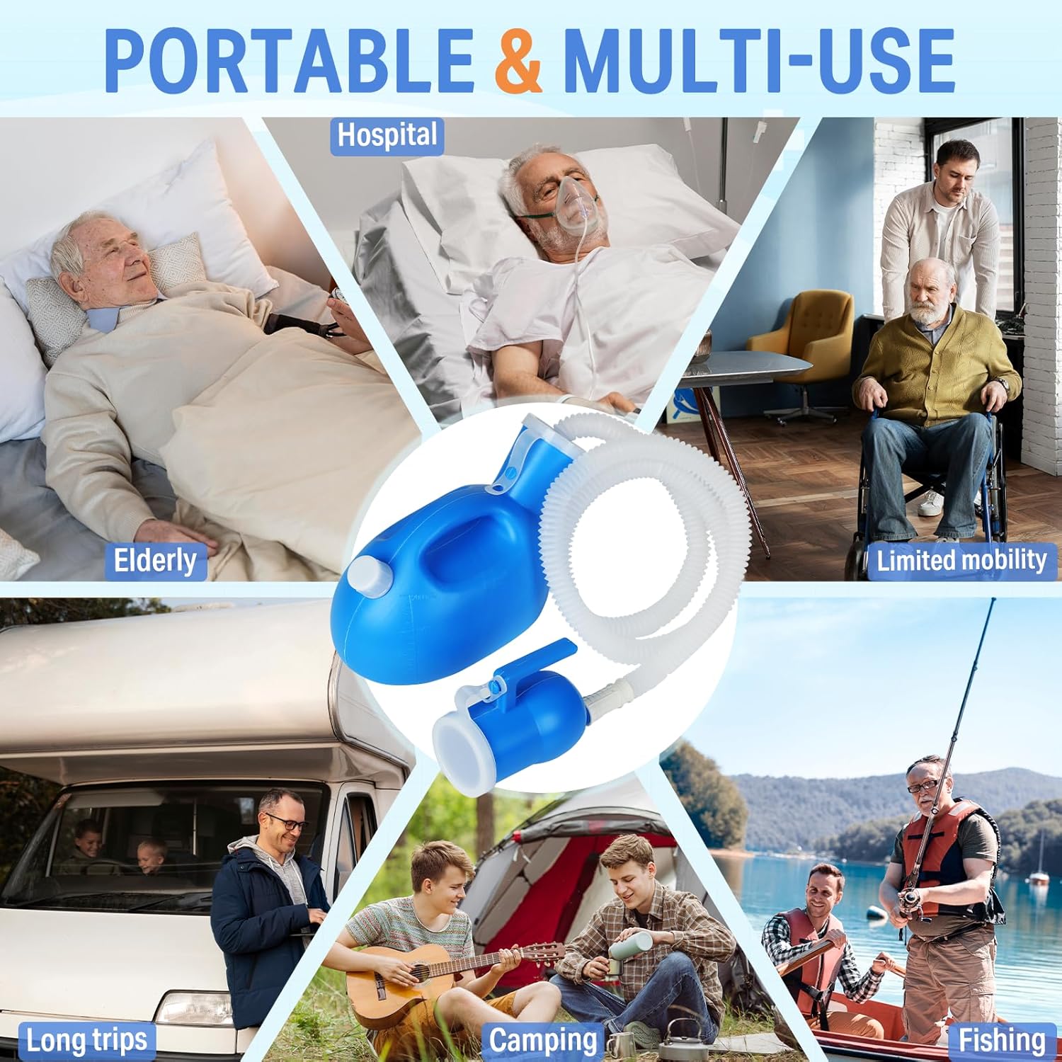 Urinals for Men - Male Urine Bottle Spill Proof Men Urinal Bottle w/Separate Urine Outlet Portable Pee Container 68 OZ for Hospital Home Camping Car Travel Leakproof 59" Shrinkable Hose