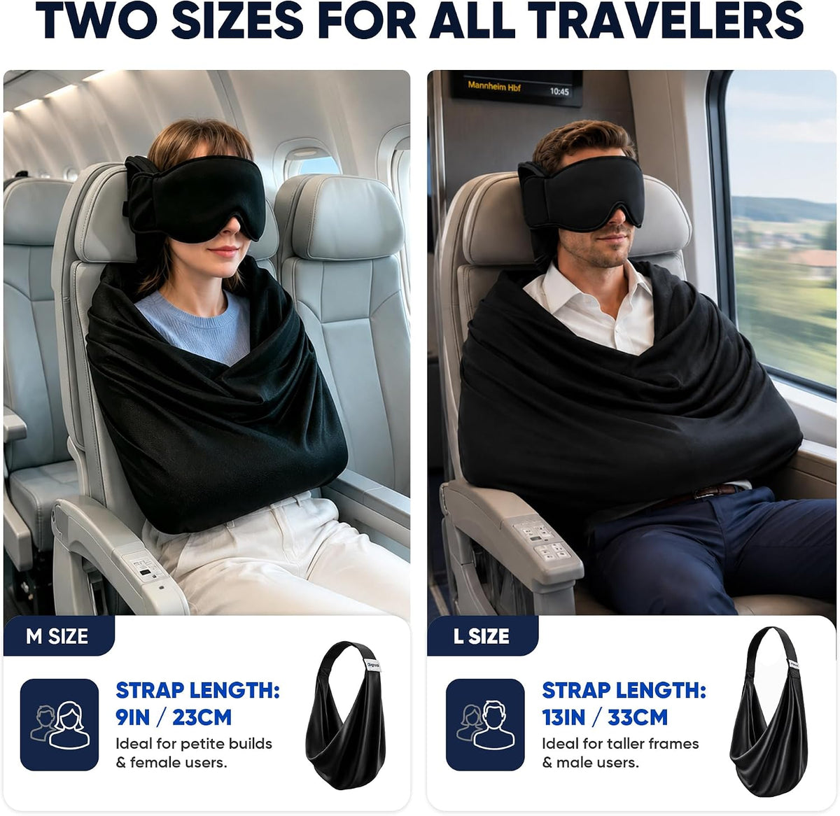 Travel Pillow with Eye Mask, 3-in-1 Airplane Sleep Support Travel Essentials for Comfort, Portable Sleep System with Neck Support Head Strap, Sleeper Hold for Flight Car Train