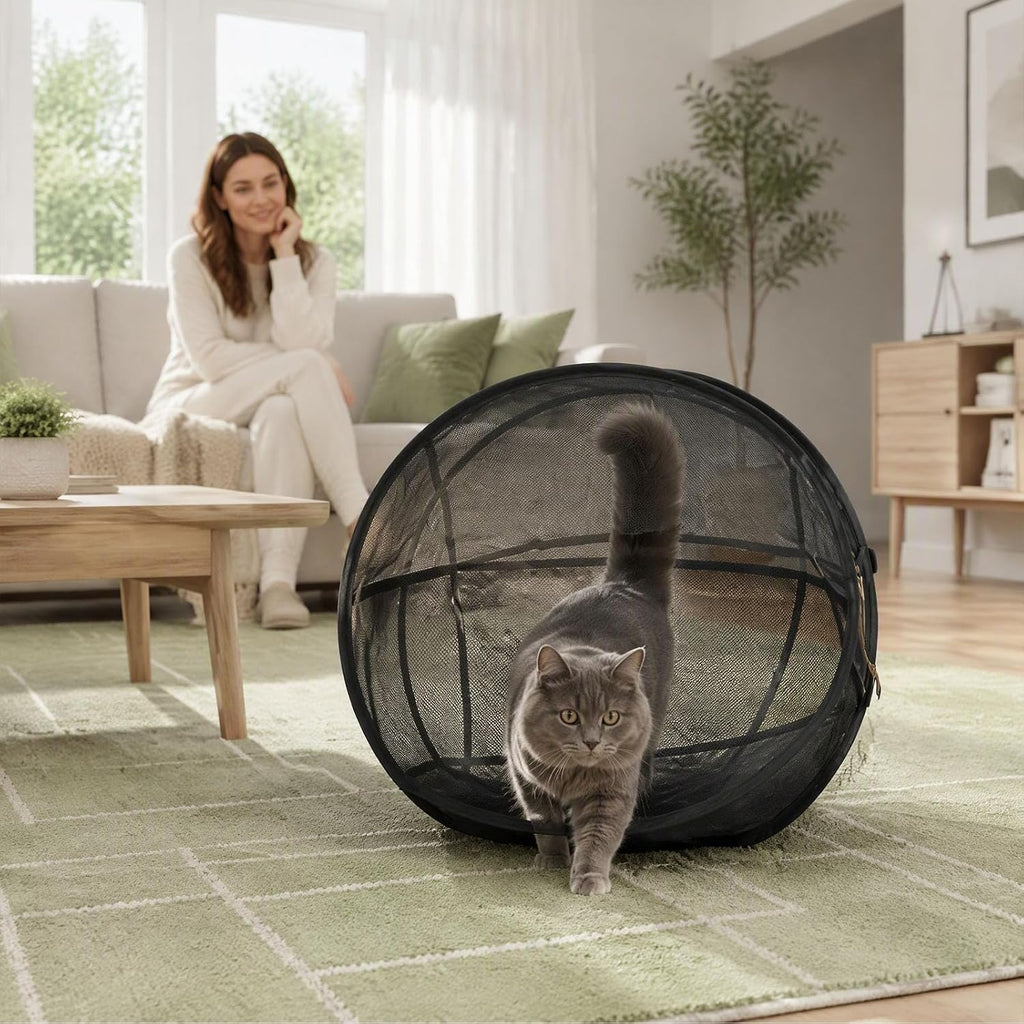 27.6-Inch Foldable Cat Exercise Ball – Rolling Mesh Play Enclosure for Supervised Indoor & Outdoor Exploration