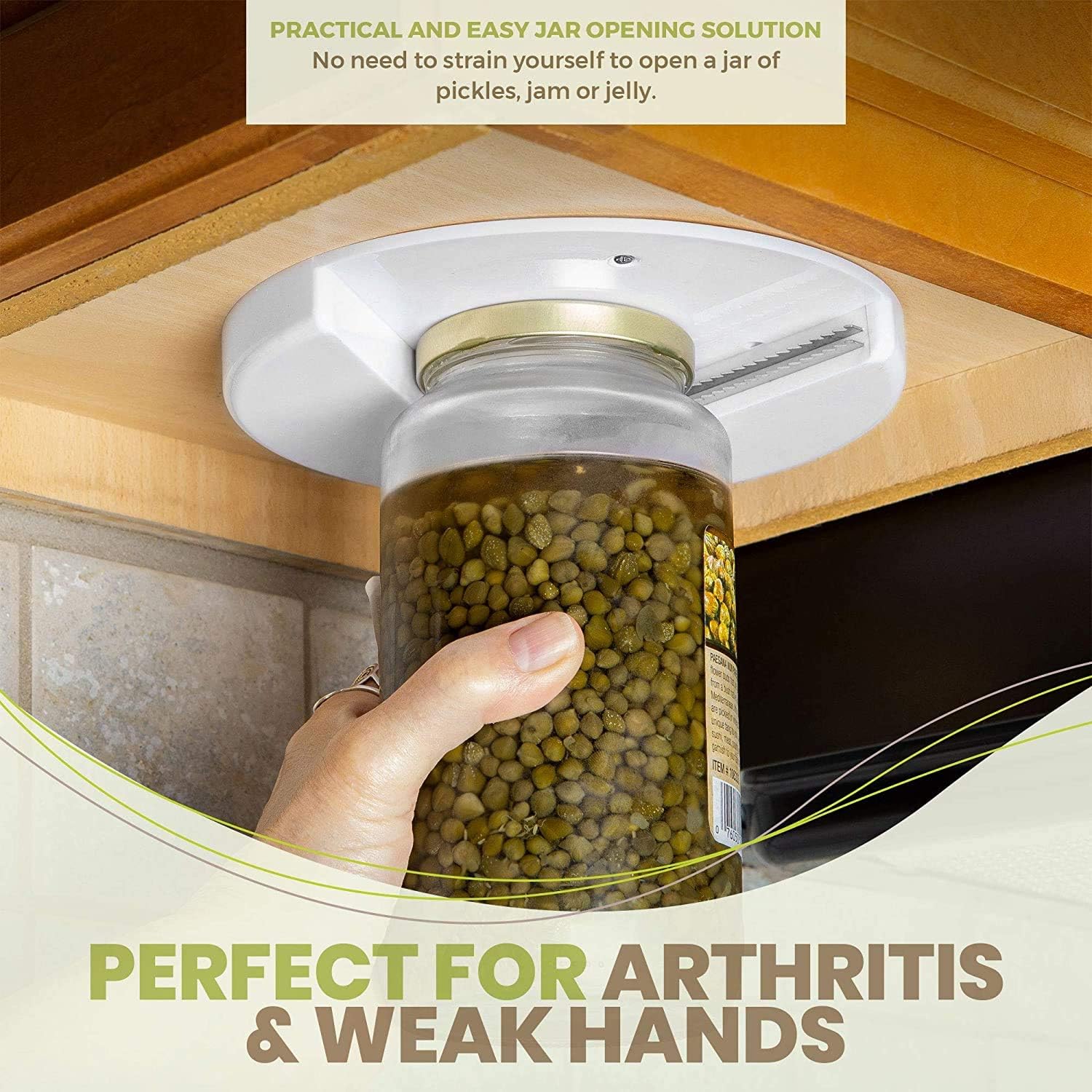 Under Cabinet Jar Opener, Lid Gripper Tool for Jars, Bottles & Containers, Kitchen Aid for Weak Hands & Seniors